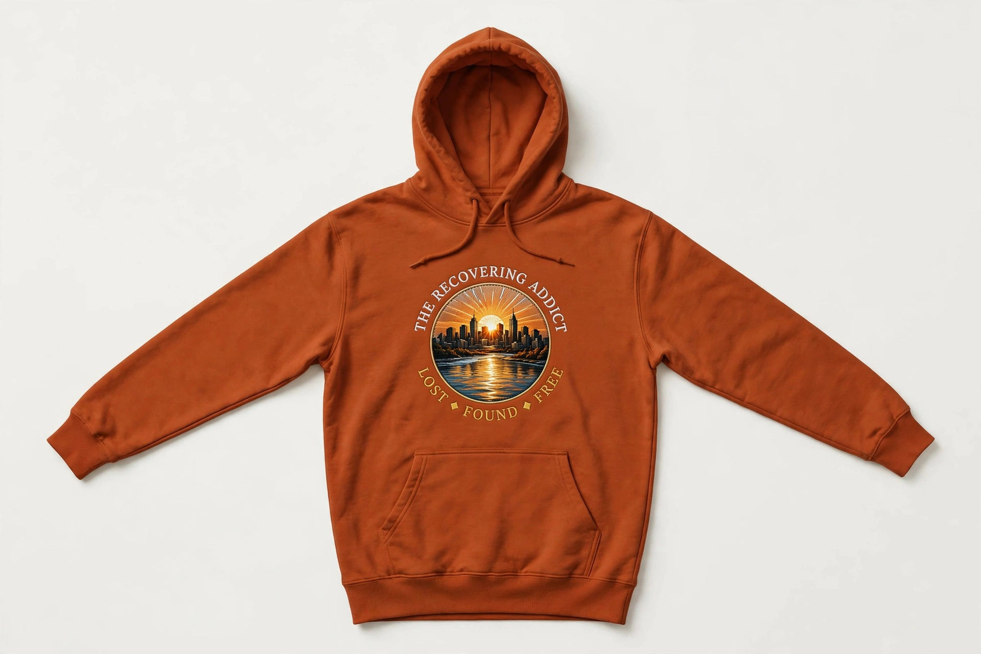 Adobe hoodie with The Recovering Addict circular sunrise, Minneapolis skyline, river reflection, and Lost Found Free emblem on the chest