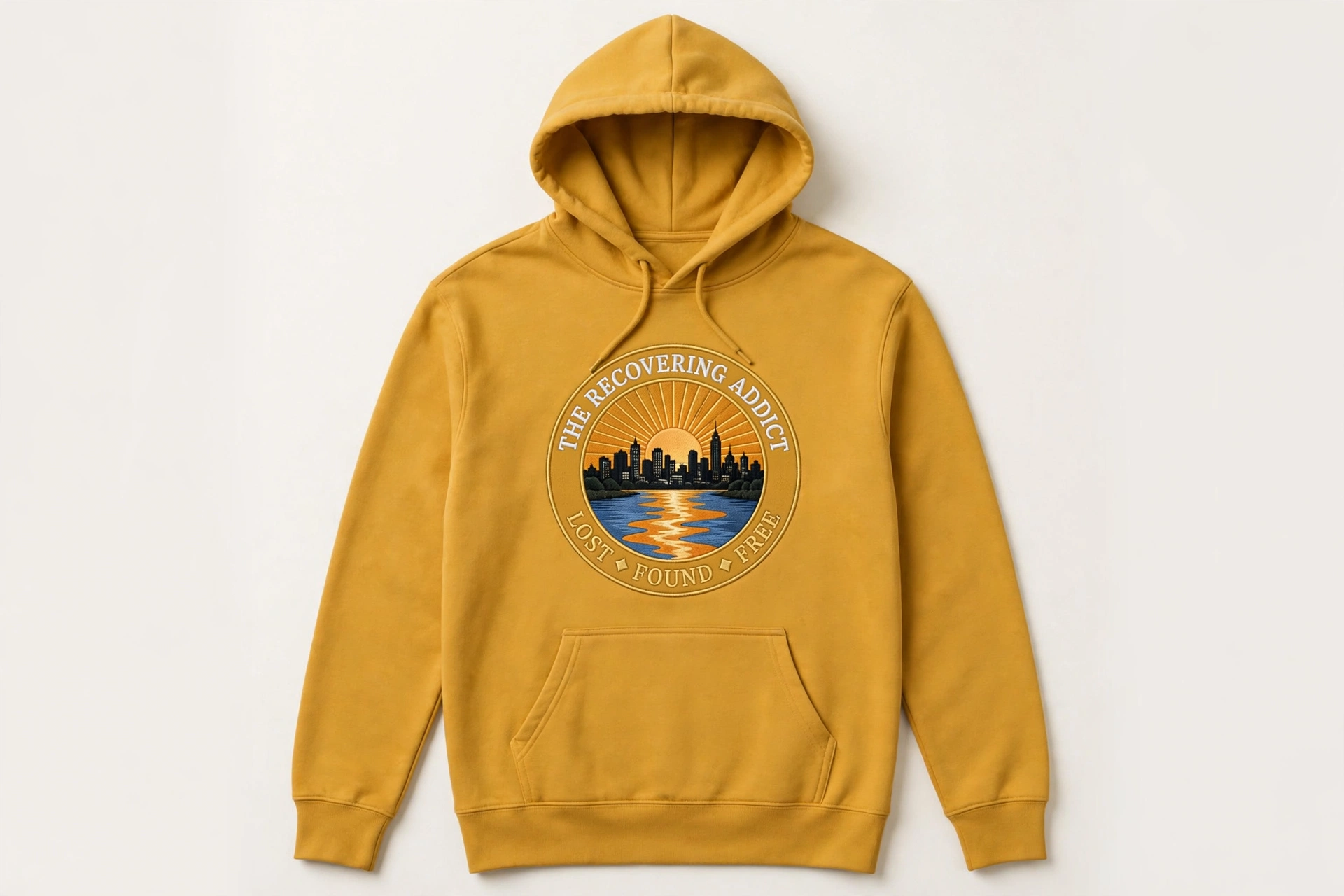 Team Gold hoodie with The Recovering Addict circular sunrise, Minneapolis skyline, river reflection, and Lost Found Free emblem on the chest