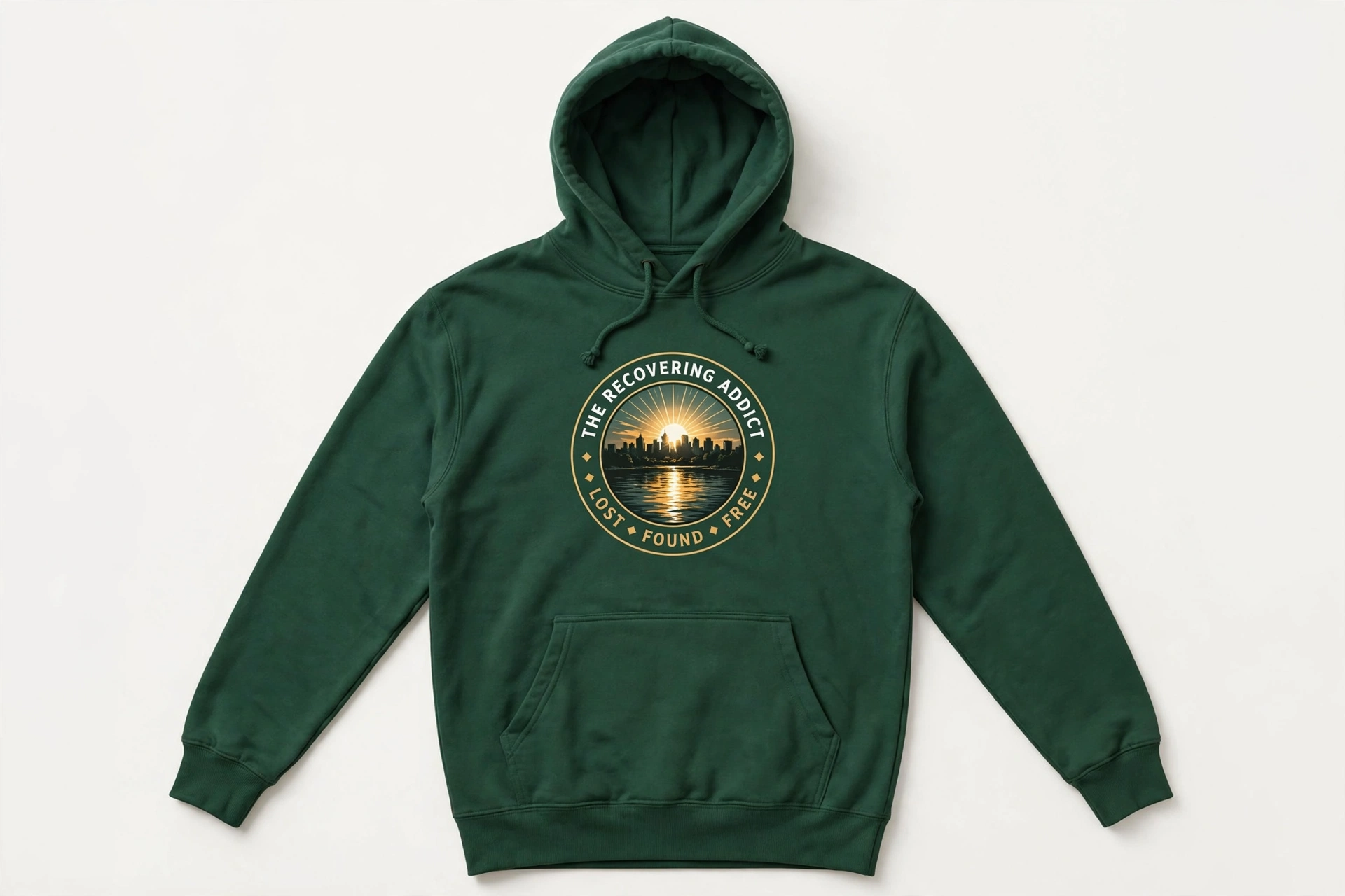 Forest-green hoodie with The Recovering Addict circular sunrise, Minneapolis skyline, river reflection, and Lost Found Free emblem on the chest