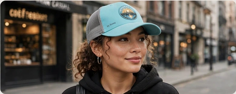 Model wearing the Heather Grey and White The Recovering Addict skyline patch trucker hat