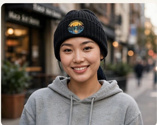 Model wearing the black The Recovering Addict skyline patch beanie