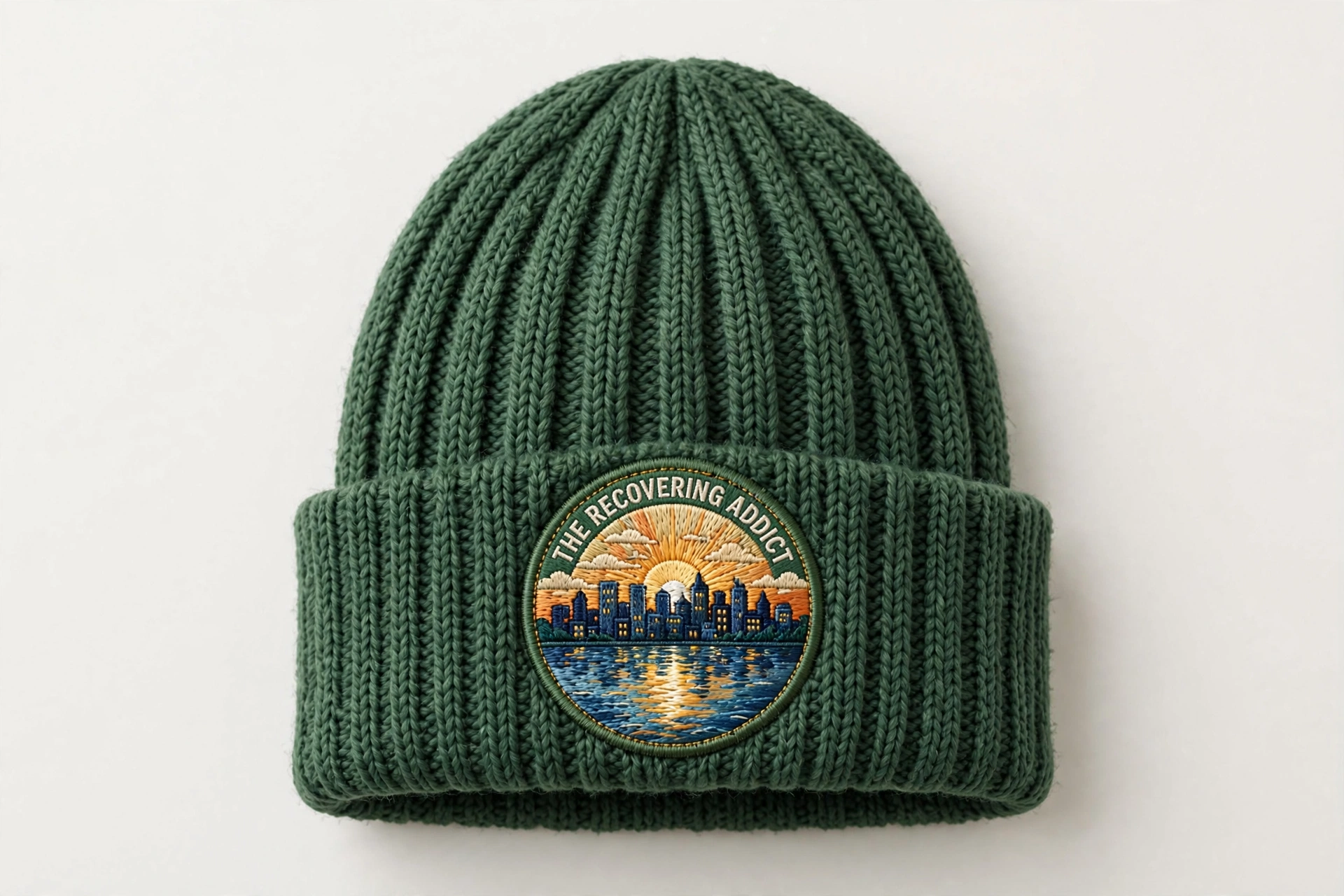 Spruce winter beanie with The Recovering Addict Minneapolis sunrise, skyline, and river patch centered on the folded cuff