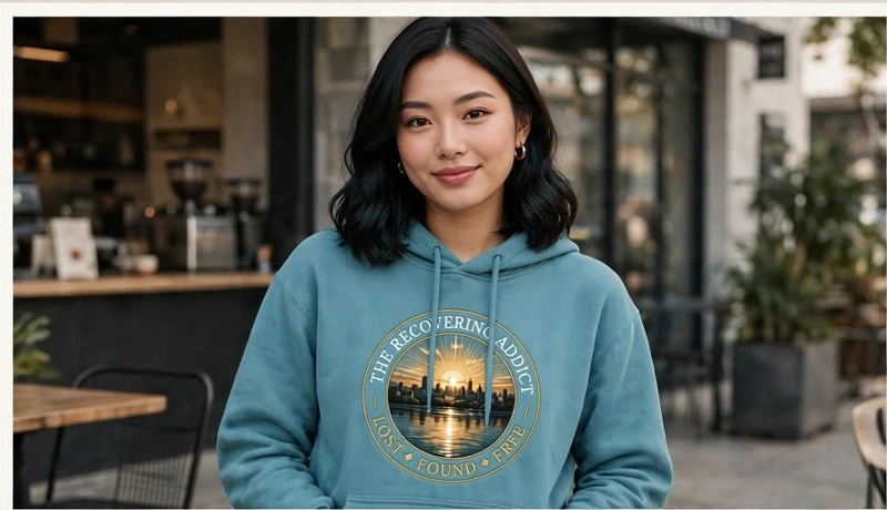 Model wearing the Sky Blue The Recovering Addict emblem hoodie